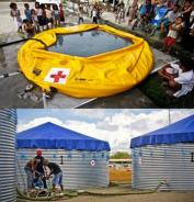 International Red Cross Water and Sanitation Emergency Response Unit (ERU), consisting of anonionic tank for settlement supported by coagulation/flocculation (top) followed by bulk storage tanks with chlorine disinfection (below). Source: SWEDISH RED CROSS (2008)